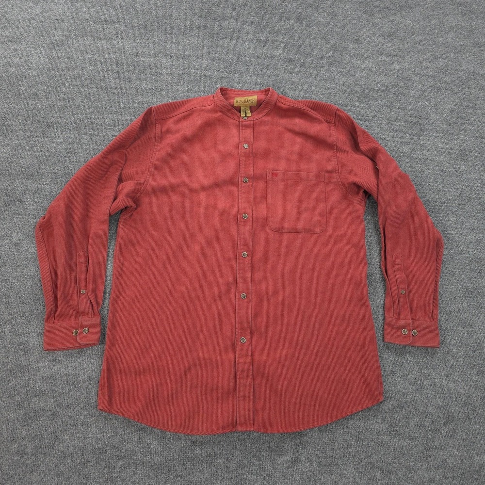 King Ranch Shirt Mens LT Red Corduroy Hemp Band Collar Western Long Sleeve